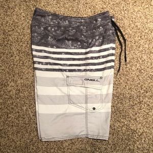 O’Neill Men’s Bathing Suit/Board-shorts Black/Grey/White Striped, Waist 33”